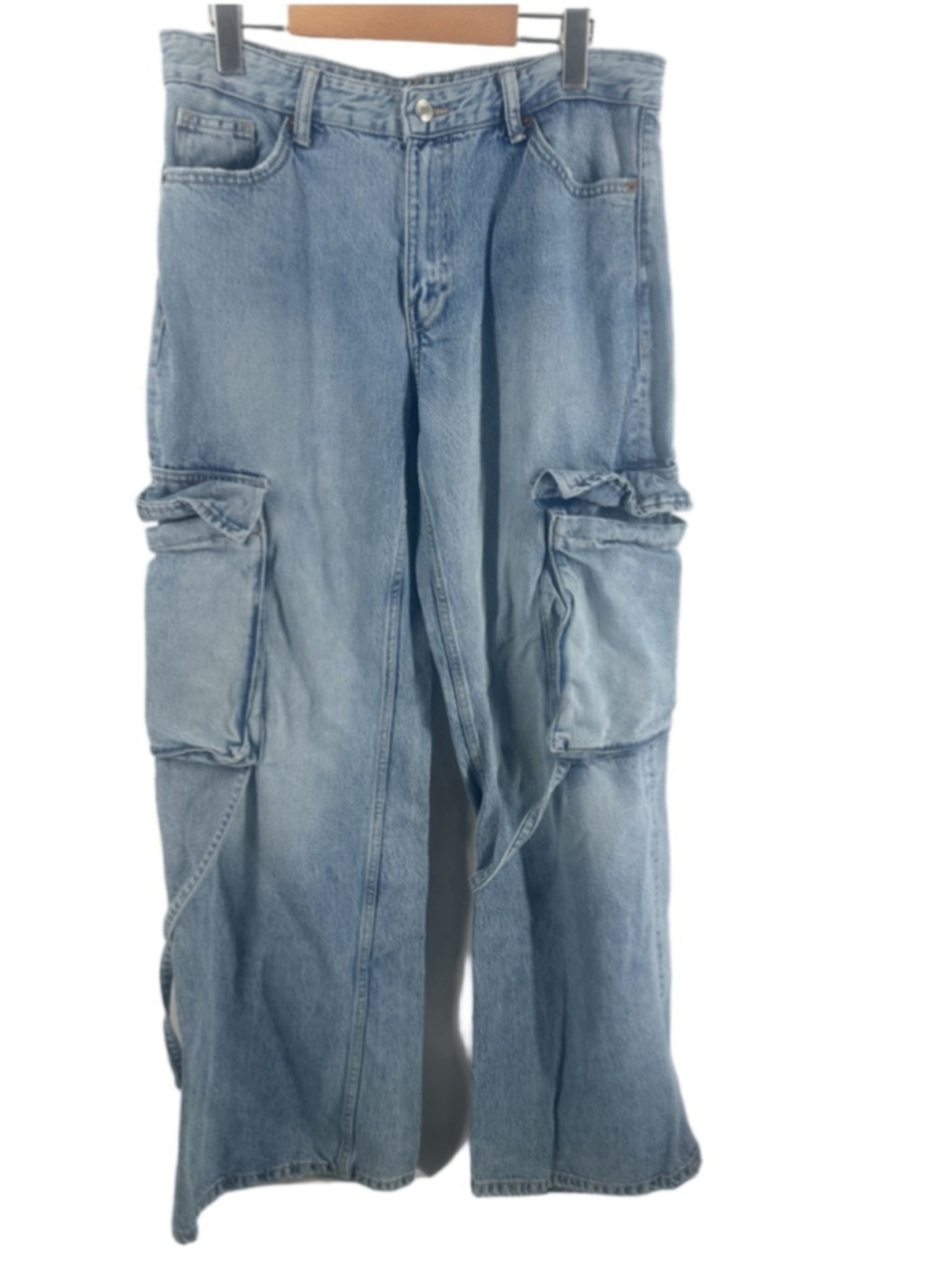 Zara Baggy Cargo Utility Straps Hardware Wide Leg Mid Rise Light Wash Jeans 8